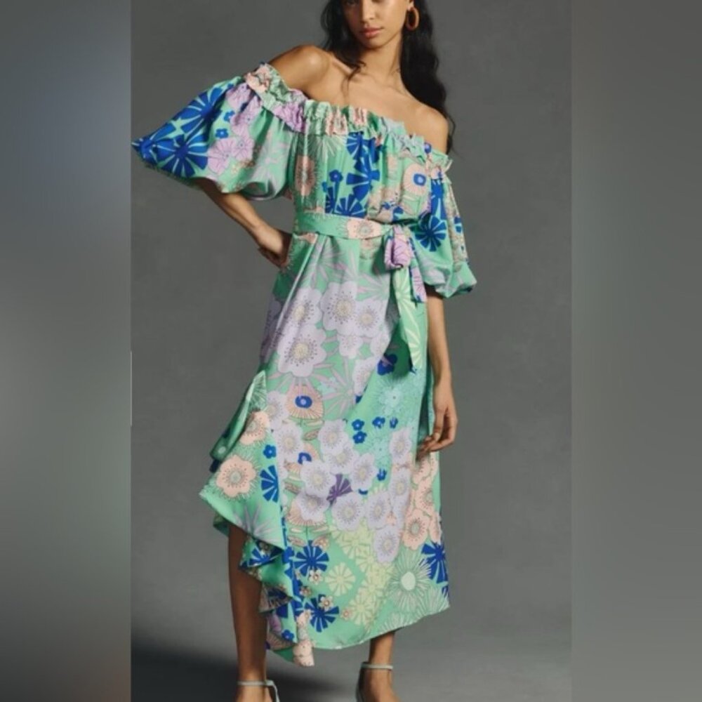 NWT Anthropologie "OOPSCOOL" Off-The-Shoulder Printed Dress Size Large
